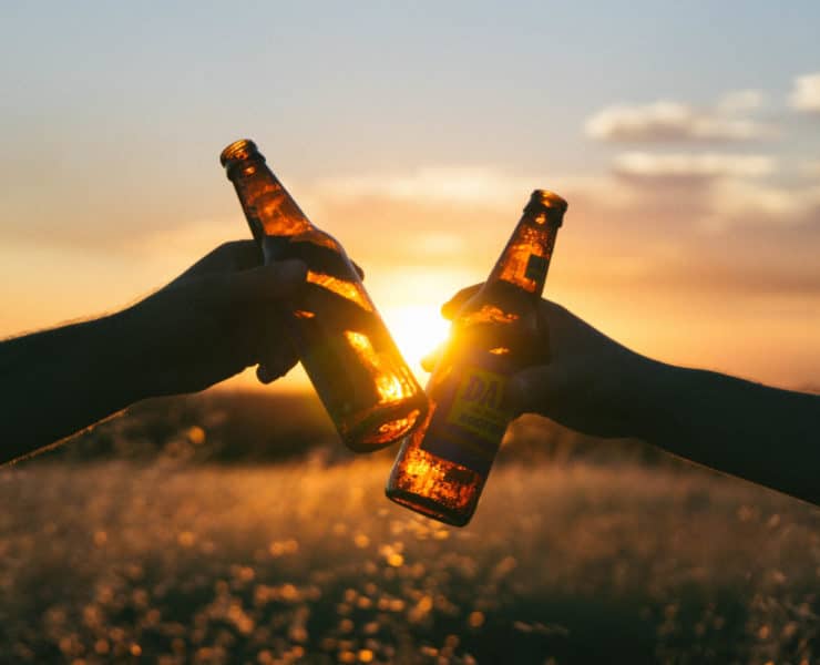 clinking beers in sunset