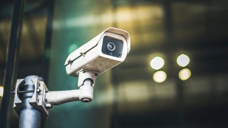 Close-up of a CCTV security camera used in true crime investigations and documentary storytelling.