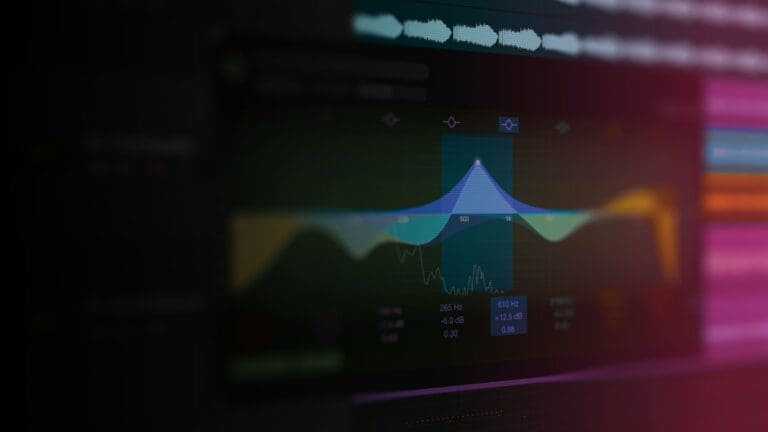 Music production EQ interface with colourful waveform, representing professional royalty-free background music for creators.