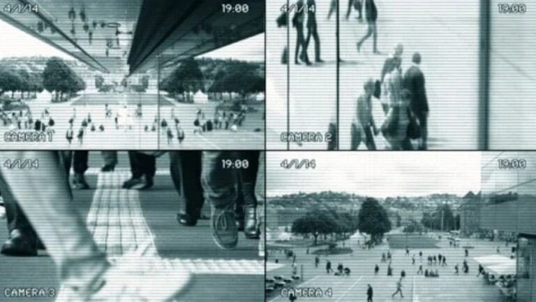 CCTV surveillance camera footage in multiple panels, representing investigative work in true crime documentaries.