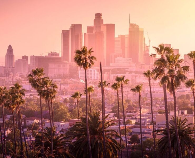 Modern corporate background music Rise Protocol with futuristic city skyline and palm trees at sunrise
