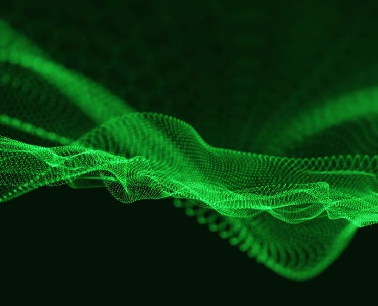 Glowing green digital wave representing data flow and technology background music