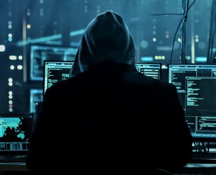 Covert surveillance background music with silhouette hacker in dark control room