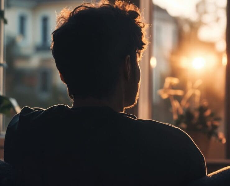 person sitting by a window at sunset, reflective documentary storytelling scene with quiet emotional tone