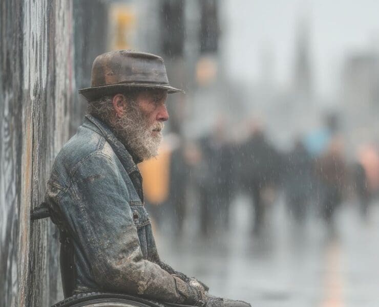 Man sitting quietly in the rain, unnoticed in the background, minimalist ambient music artwork